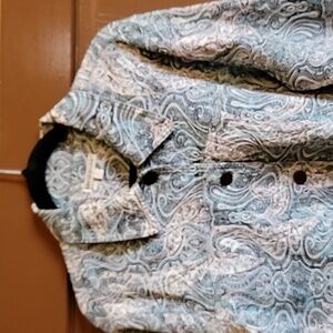 Rebecca Malone-Teal,gray,white print jkt. Long sleeved, collared Size L.